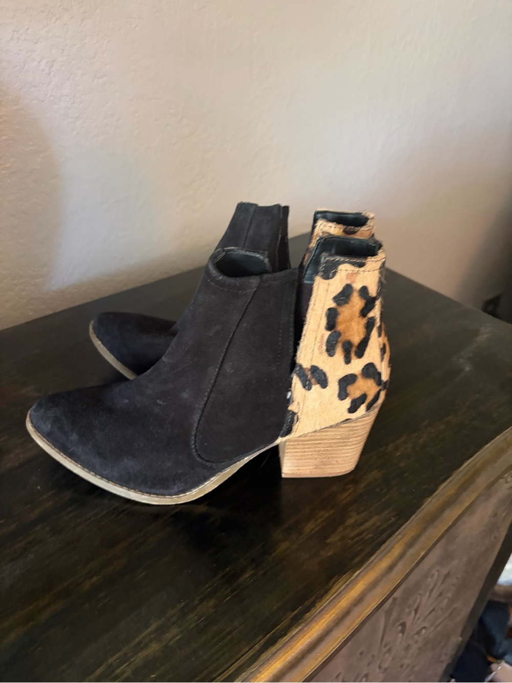 Black Suede Ankle Booties with Leopard Heel